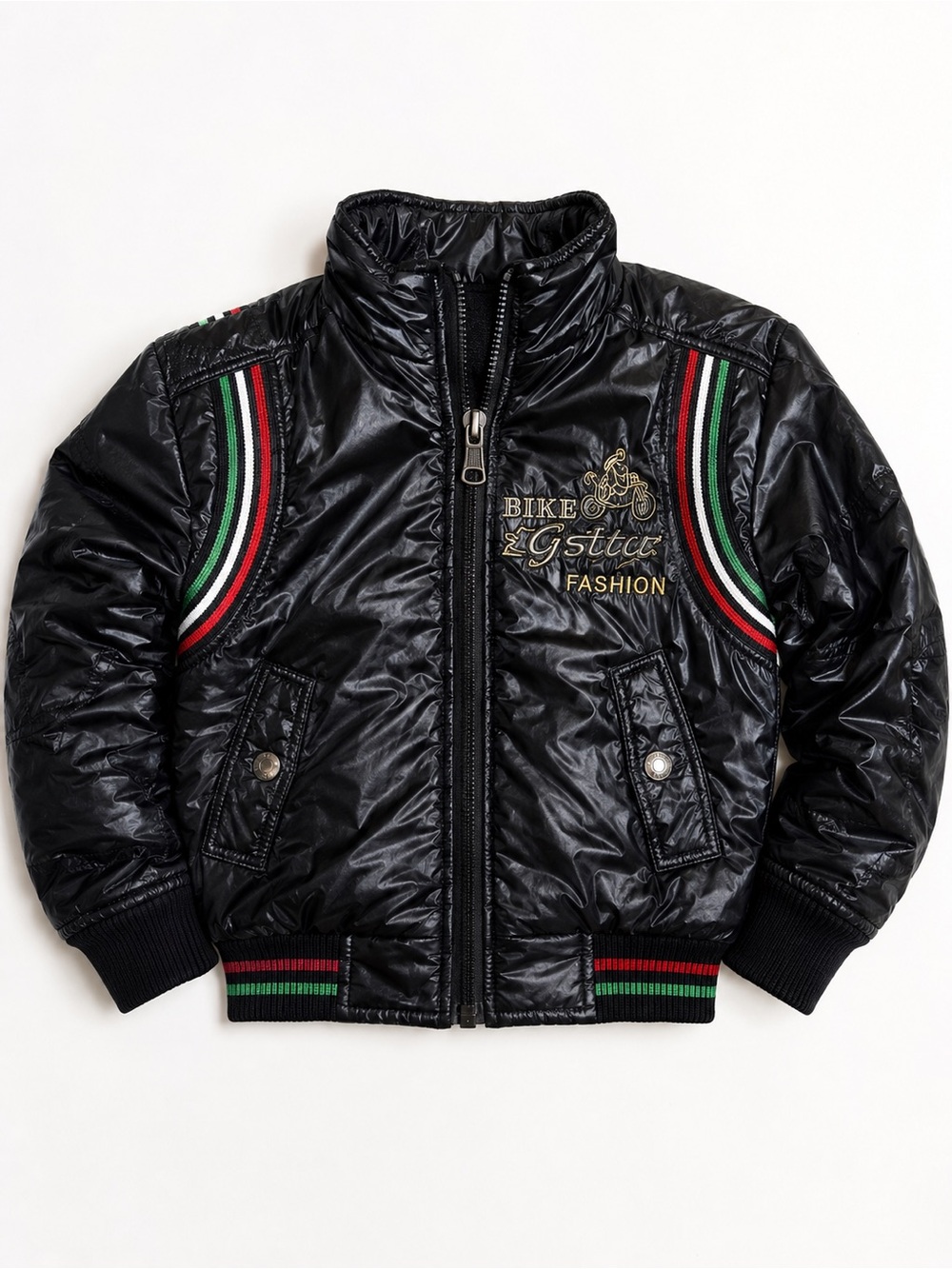 Y2K Moto Puffer Jacket | Kids Racing Stripe Embroidered Black Nylon Coat 3T-4T - Picture 1 of 11